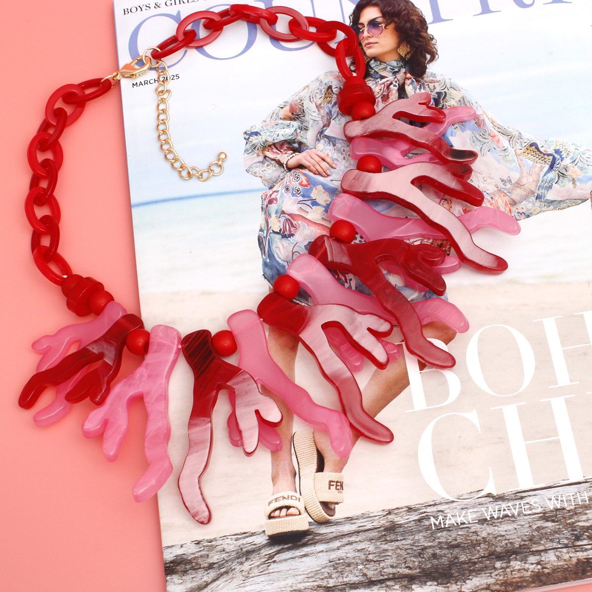 Collar Red Pink Coral Coastal Chic Link Necklace